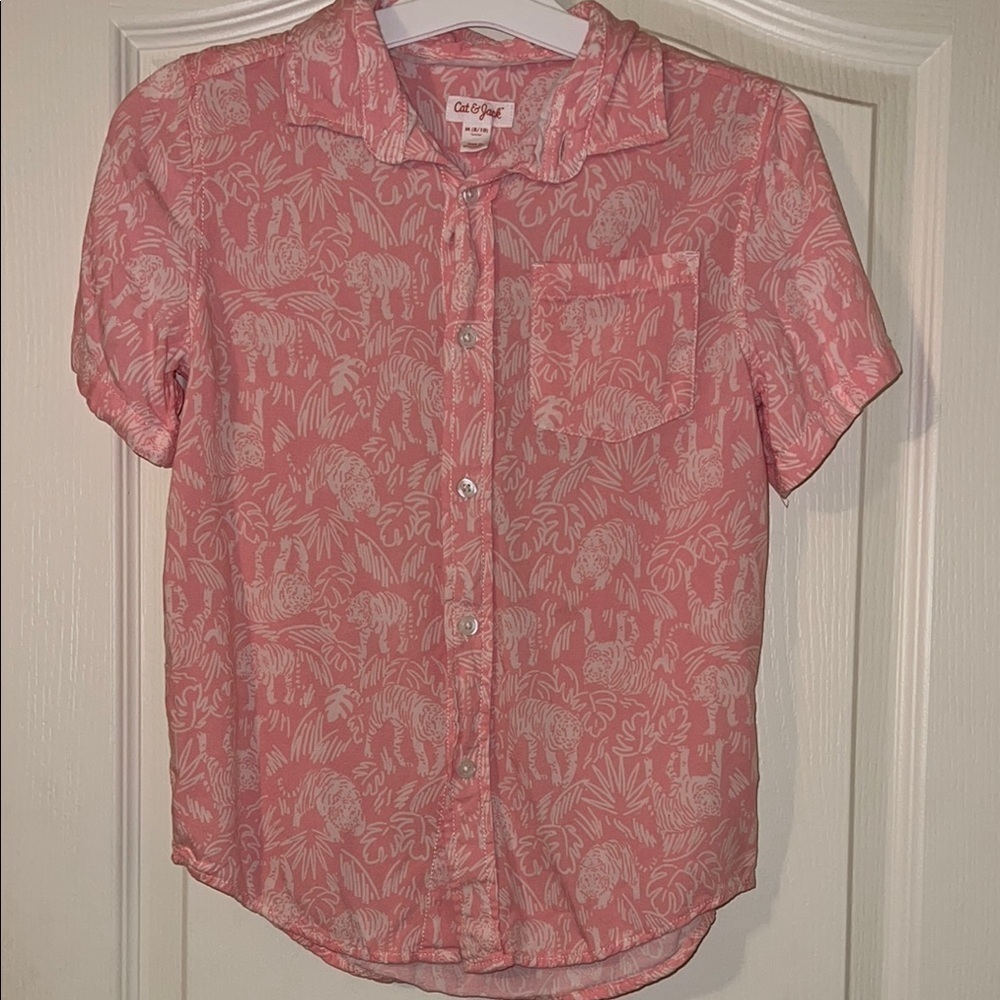 Cat &‎ Jack Pink Tigers and Palms Short Sleeve Button-Up Shirt